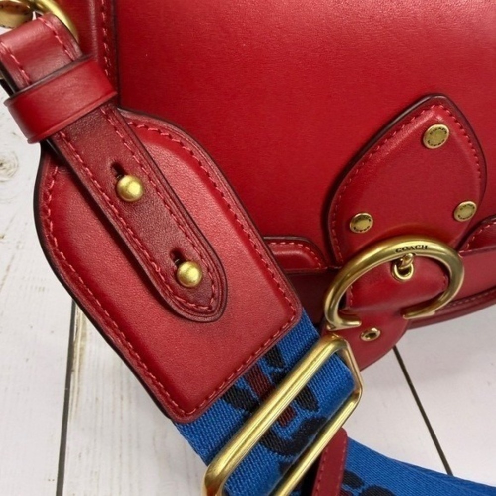 Coach Beat Saddle Bag Red Glovetanned Leather Crossbody C3738 Blue Strap - Picture 11 of 12